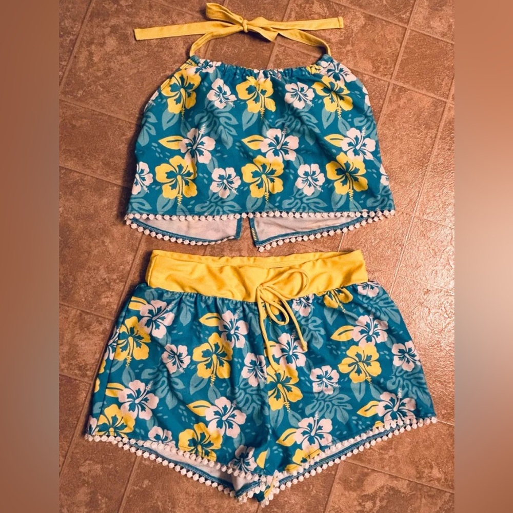 Blue and Yellow Tropical Bikini with Elastic Waistband